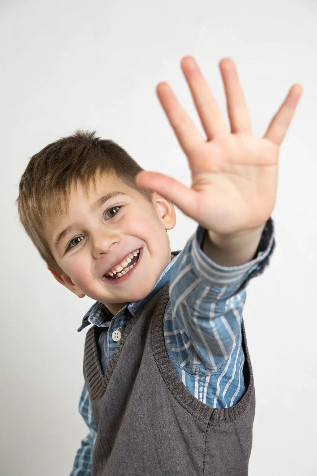 Displaying five fingers is a sweet and straightforward birthday pose.