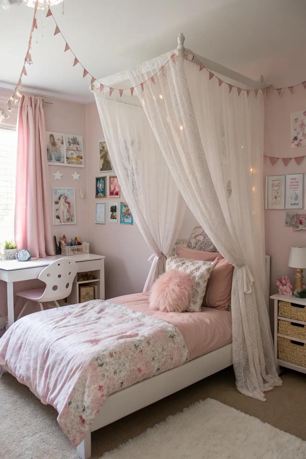 A canopy bed adds a touch of royalty to any girl's room.