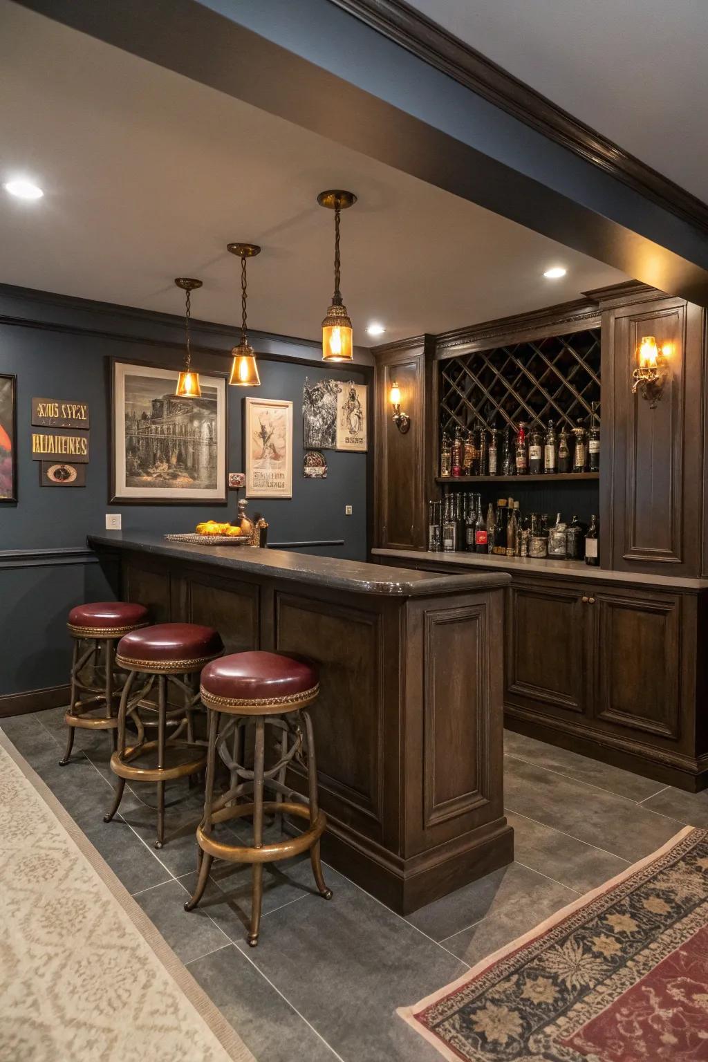 A built-in bar heightens the basement's social aspect.
