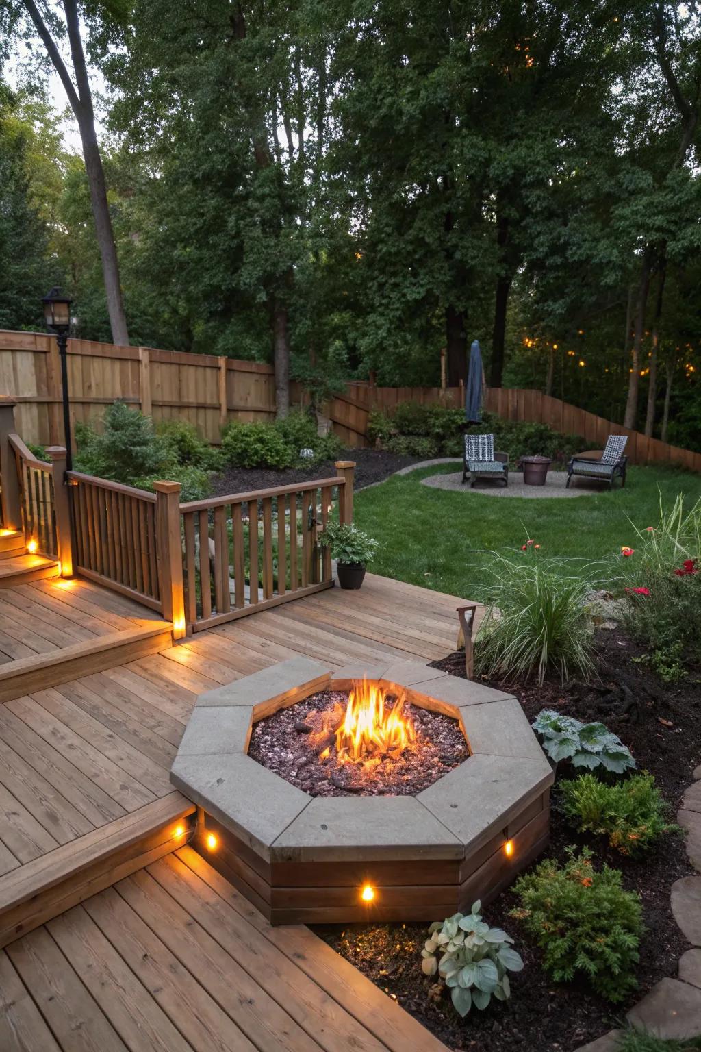 A cozy deck featuring a fire pit for warmth and gatherings.