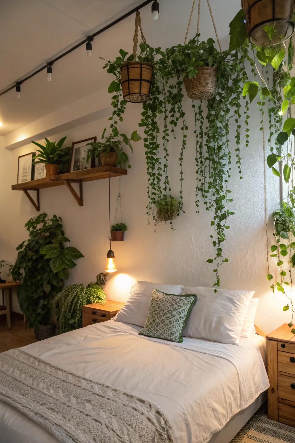 Greenery above the bed brings nature indoors.