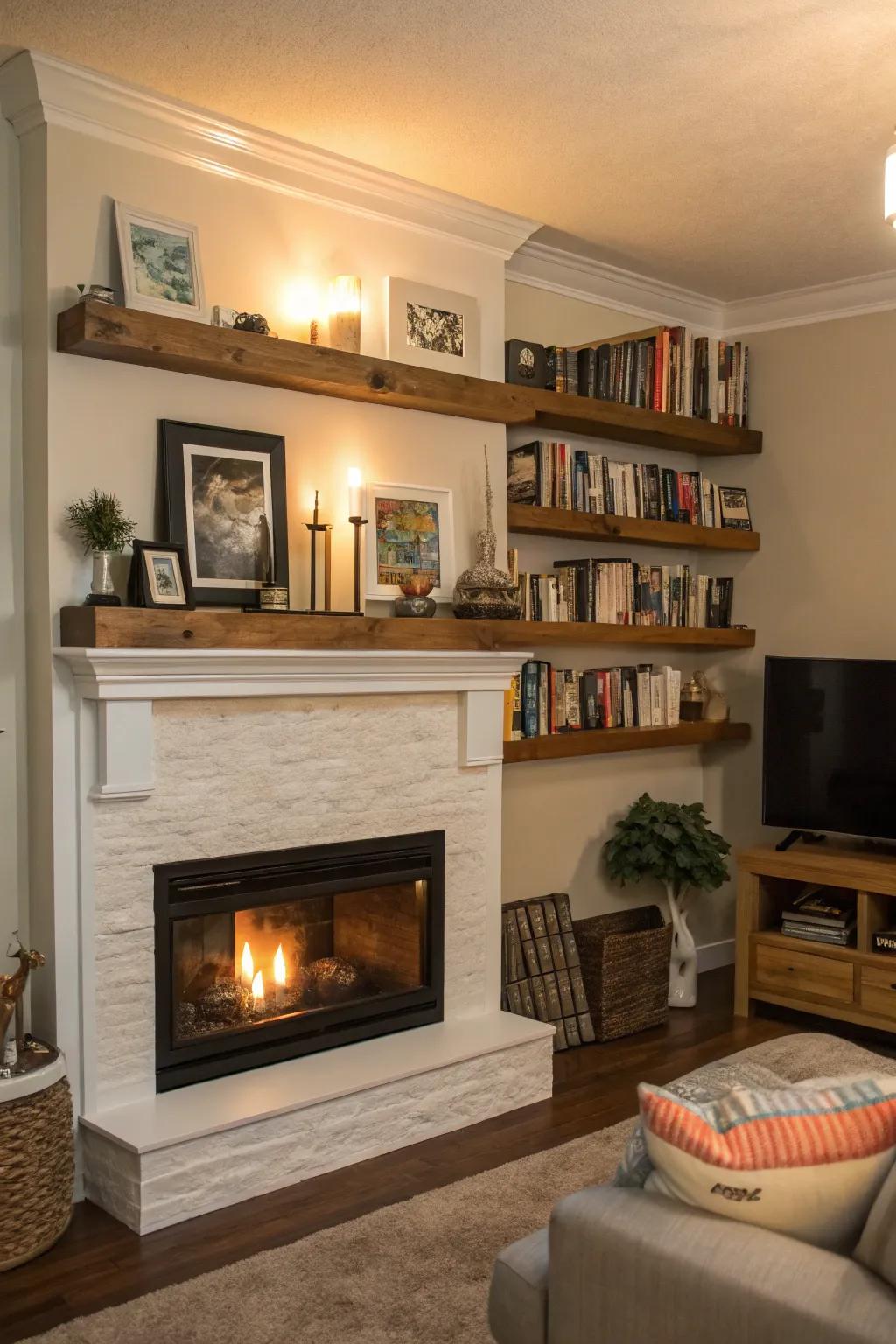 Suspended boards offer a versatile and personalized display above the fireplace.