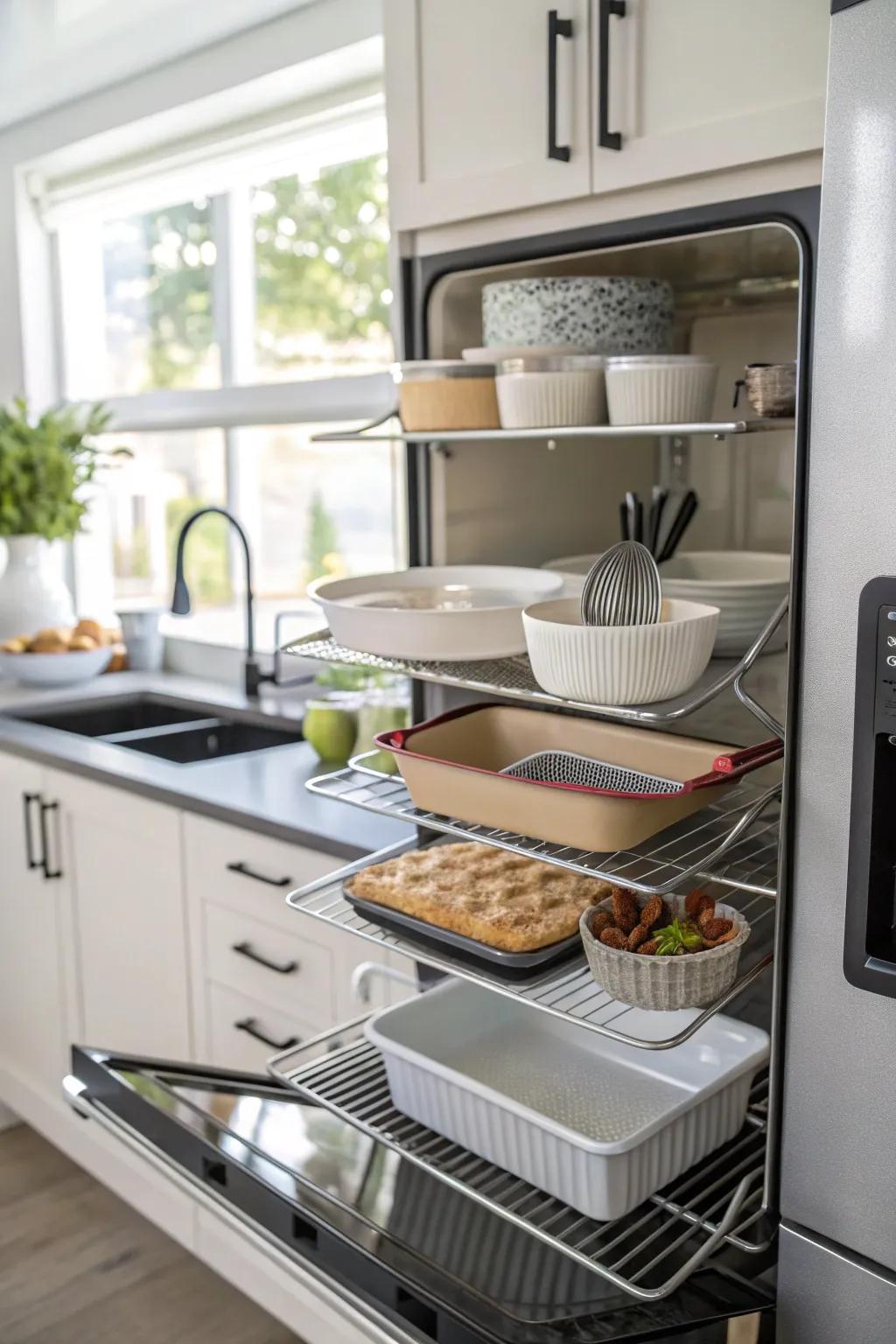Making beautiful bakeware double as décor above the fridge.