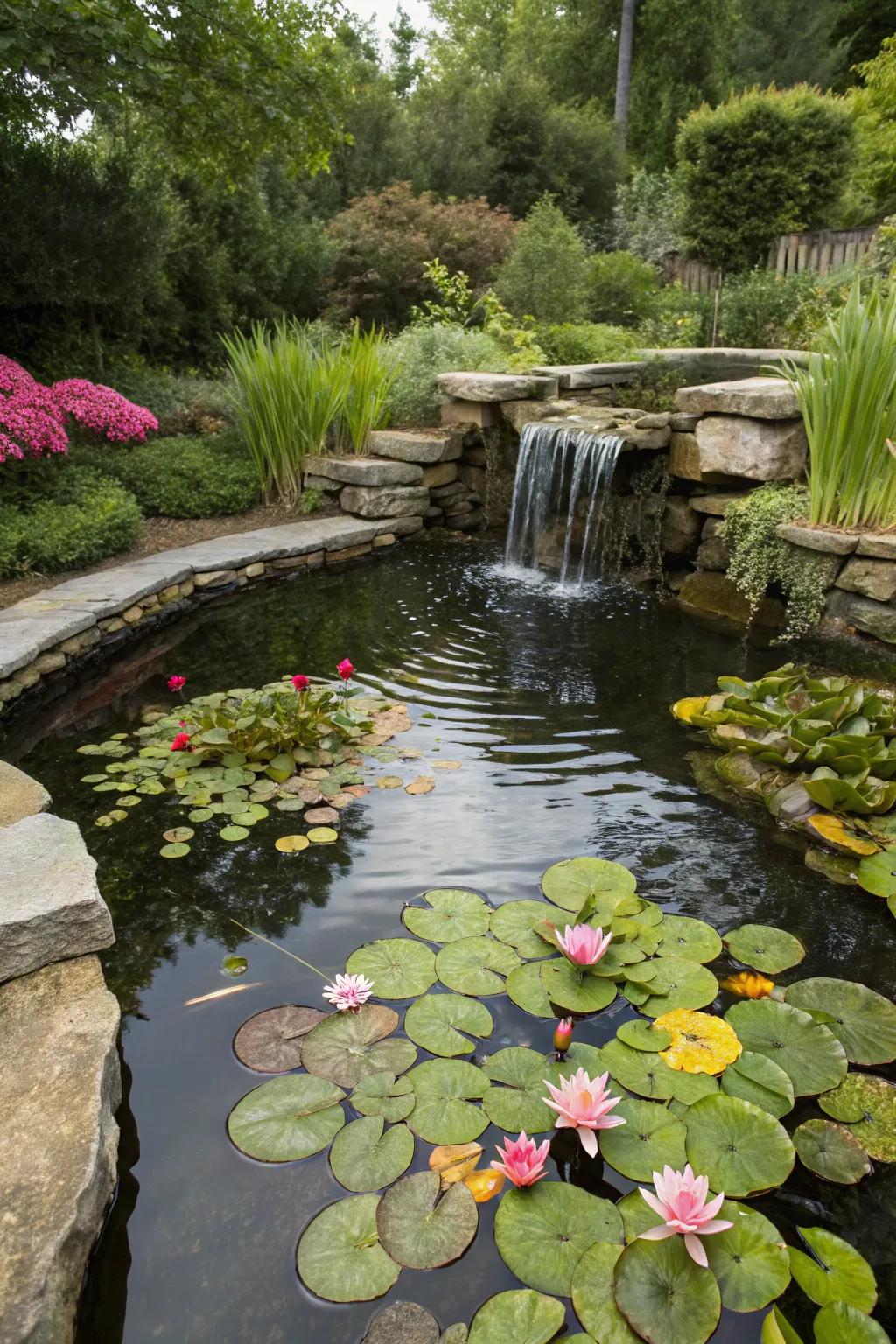 Bright water-based plants give life to this above-ground pond.