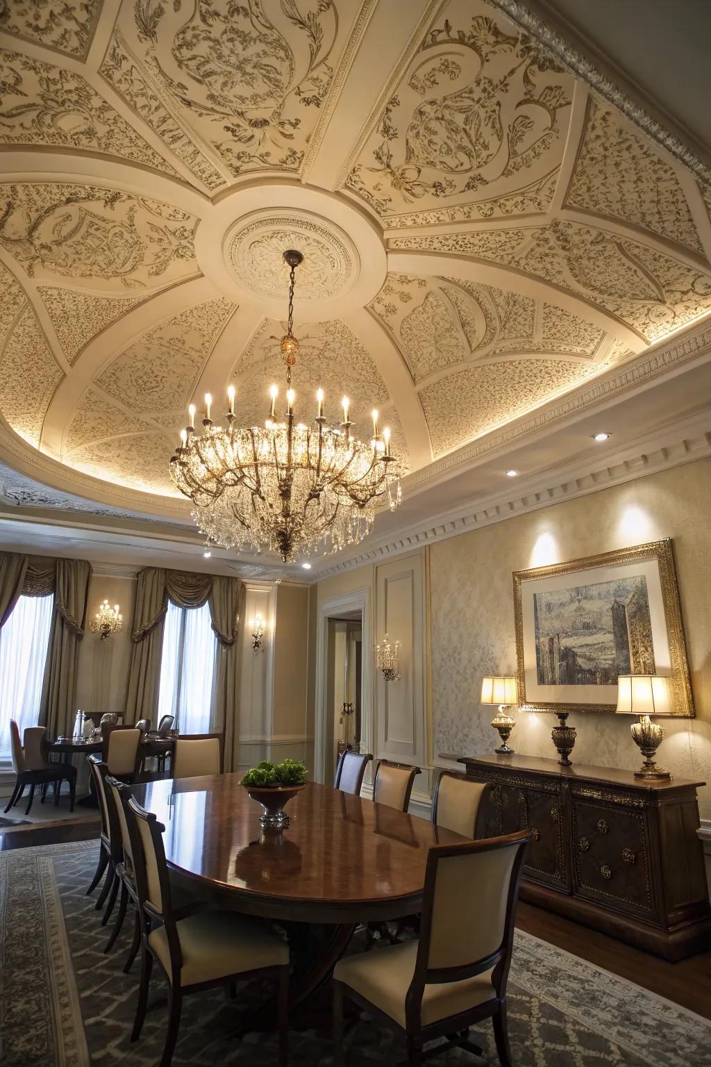 A pendant light elegantly highlights the ceiling's intricate details.