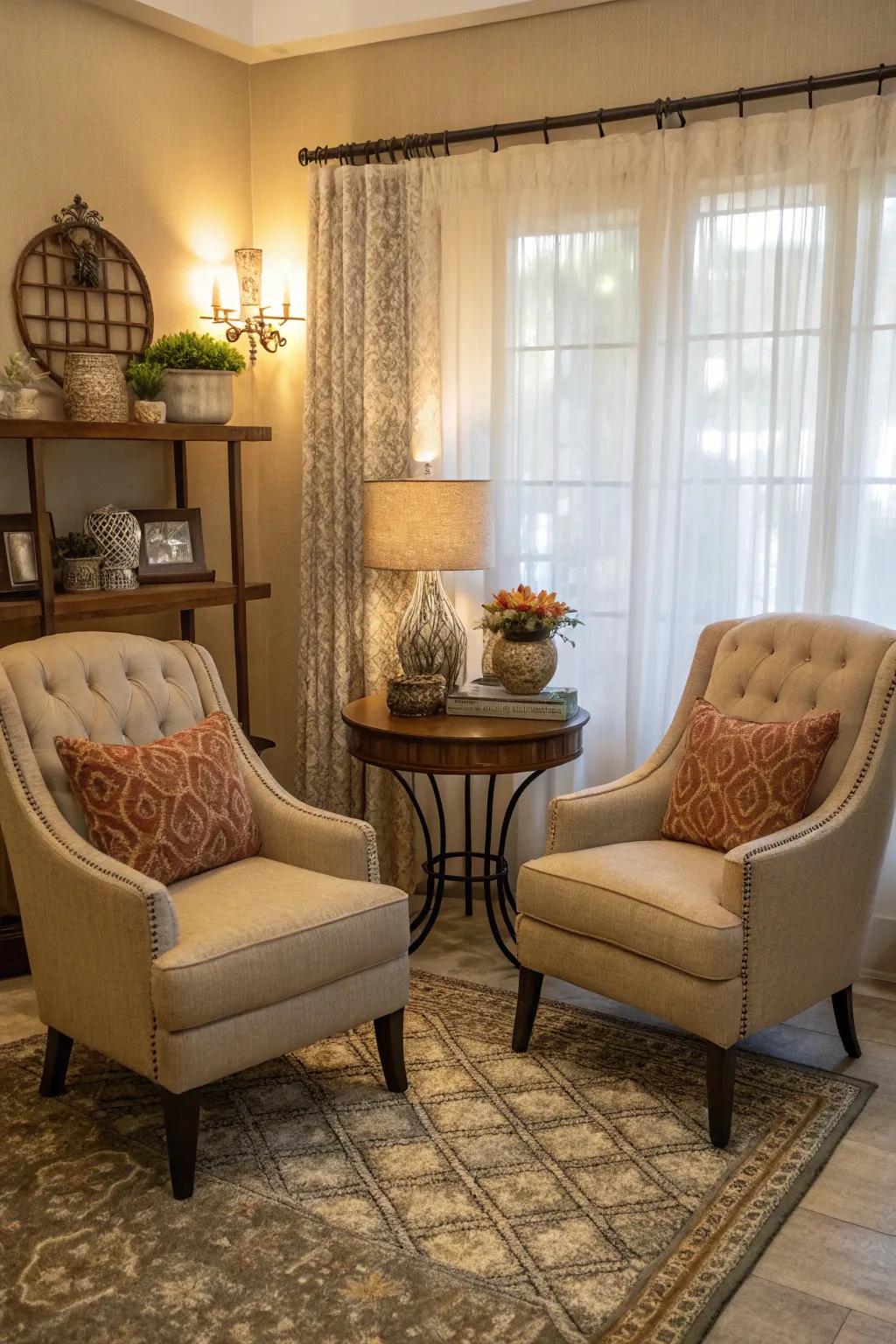 A discussion edge with two facing chairs invites intimate chats.