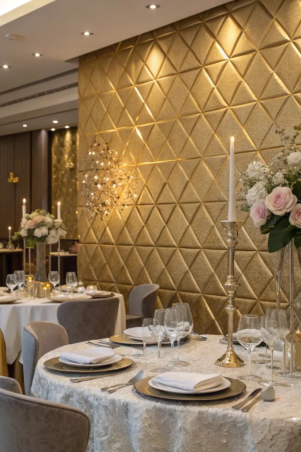An opulent dining area featuring a shining metallic feature wall.