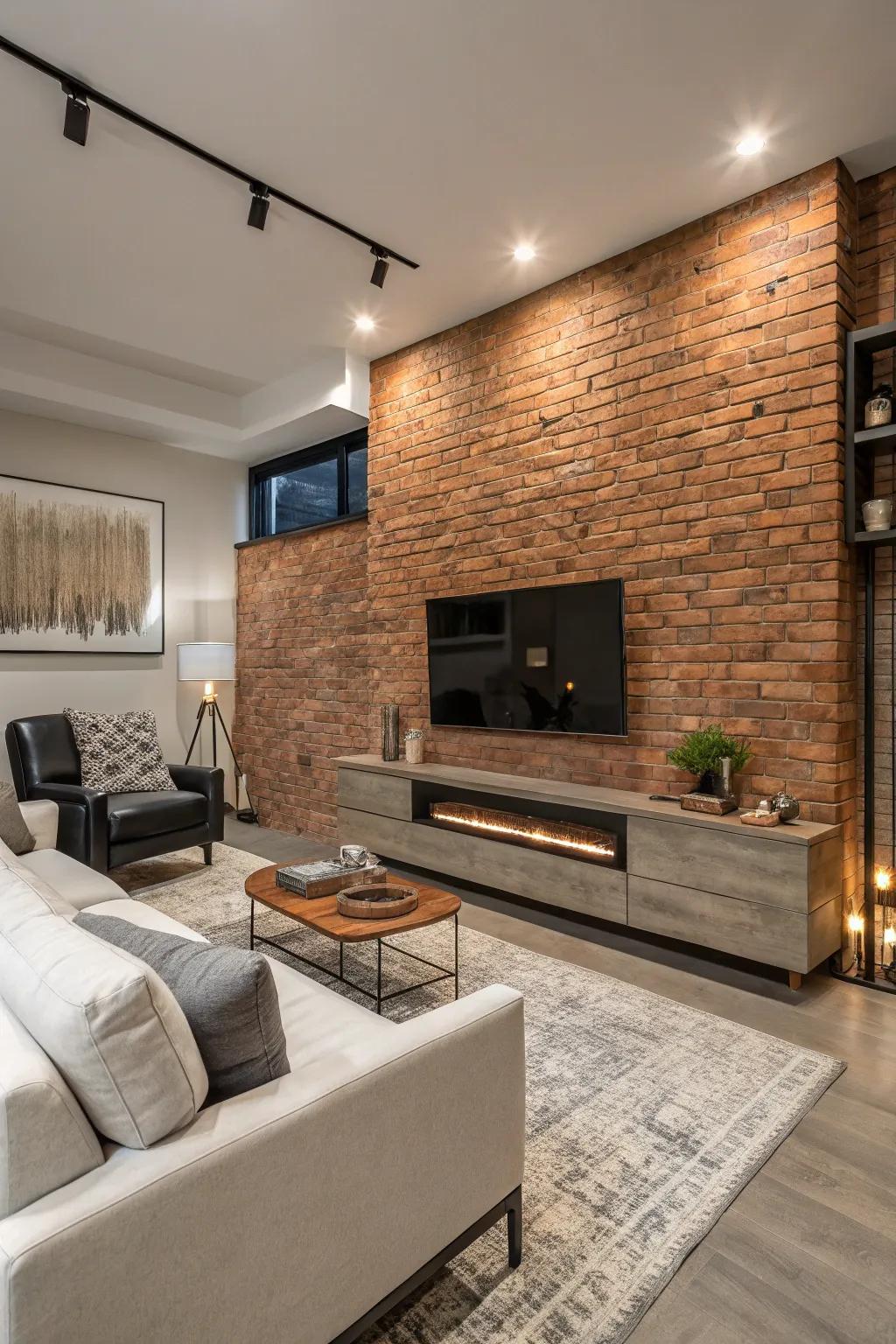 Industrial chic meets exposed brick and a modern fireplace.