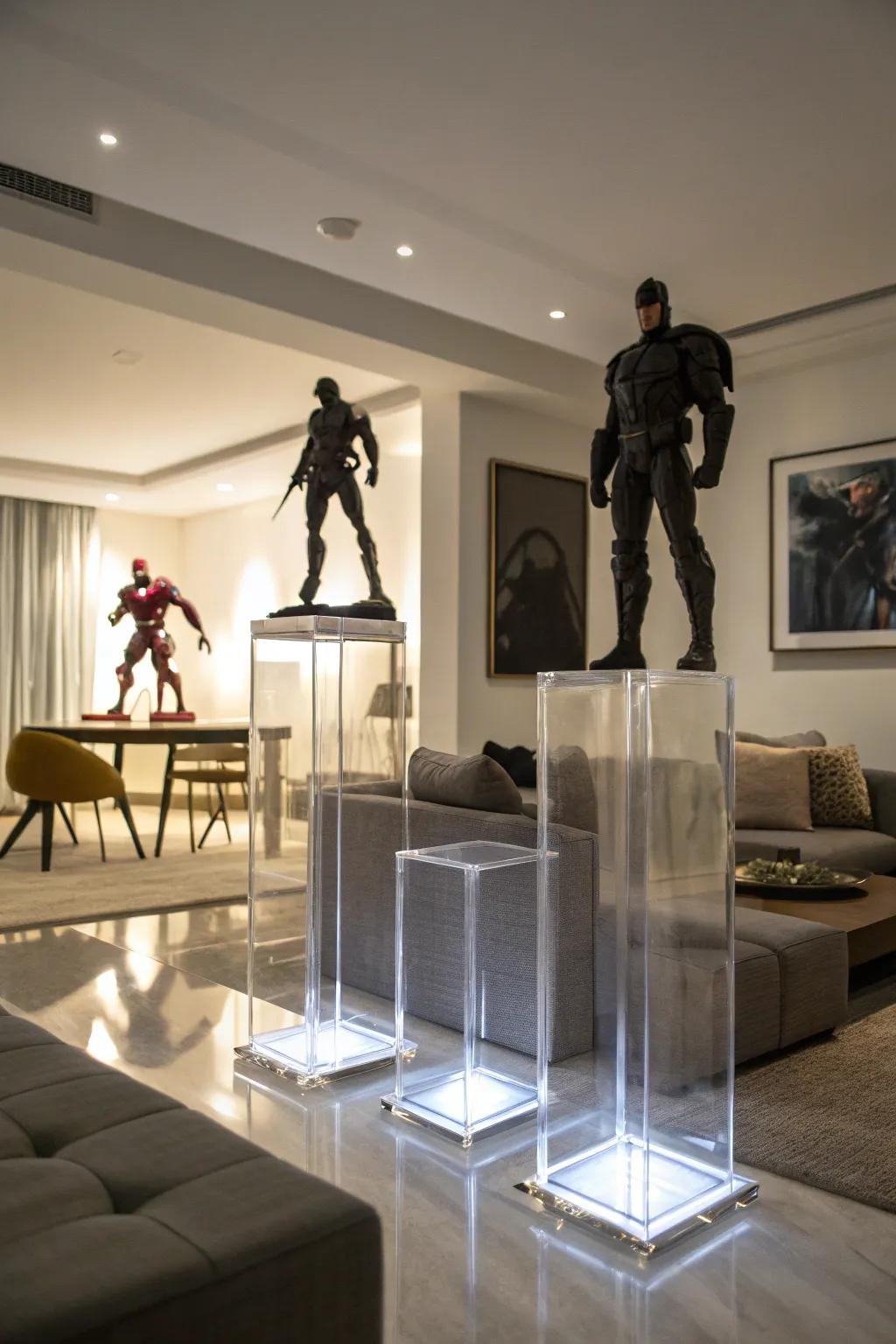 See-through pedestals fashion a museum-esque ambiance for prized figurines.