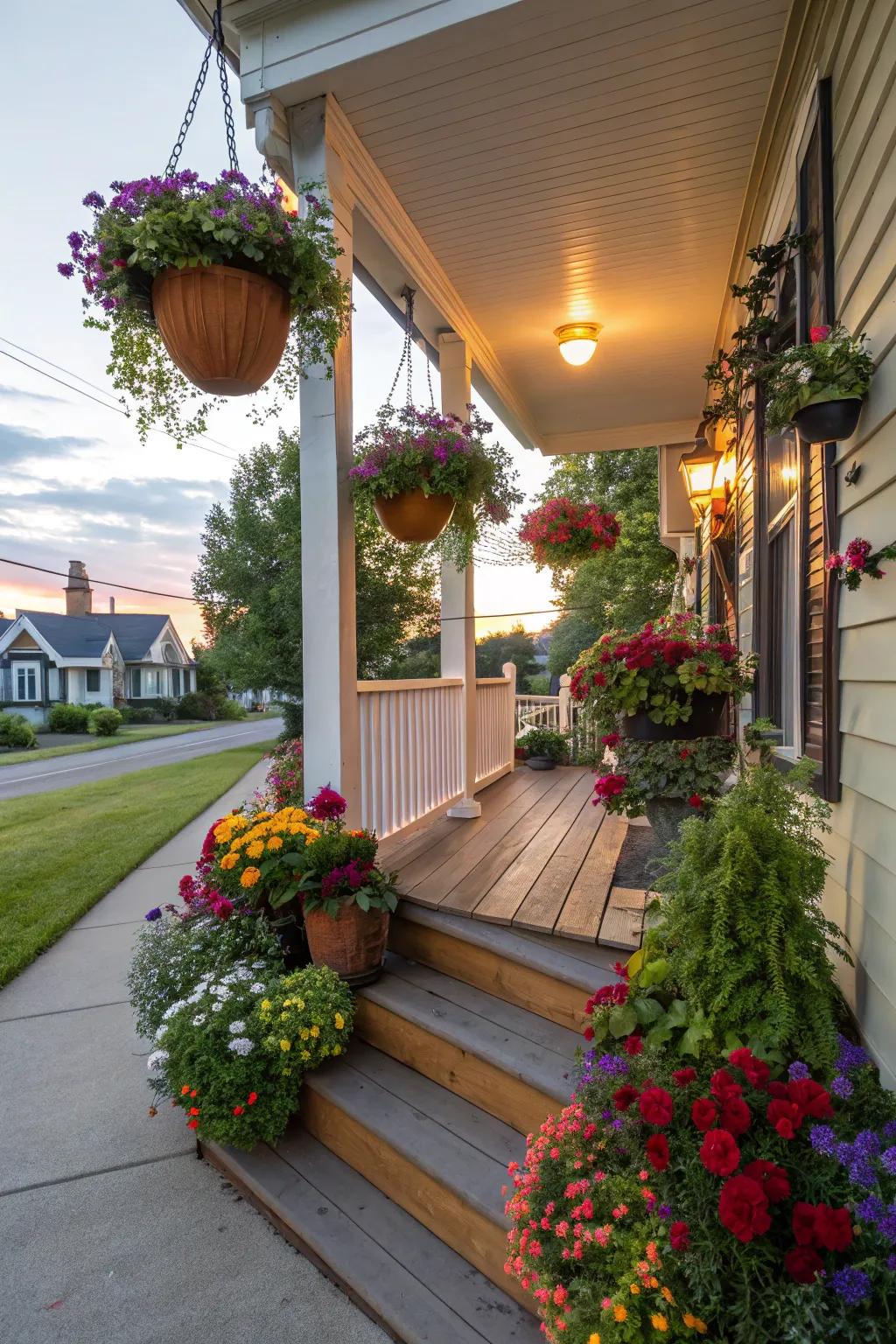 A lush porch featuring standing gardens and suspended flowers.