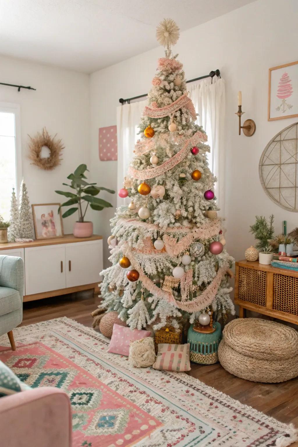 A bohemian-themed Christmas tree featuring macramé ornaments and pastel colors.