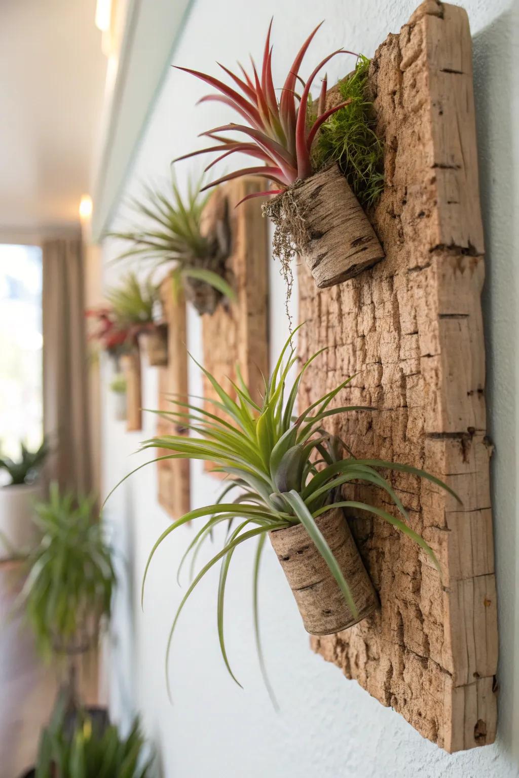 Air plants with rustic cork bark add texture to any wall.