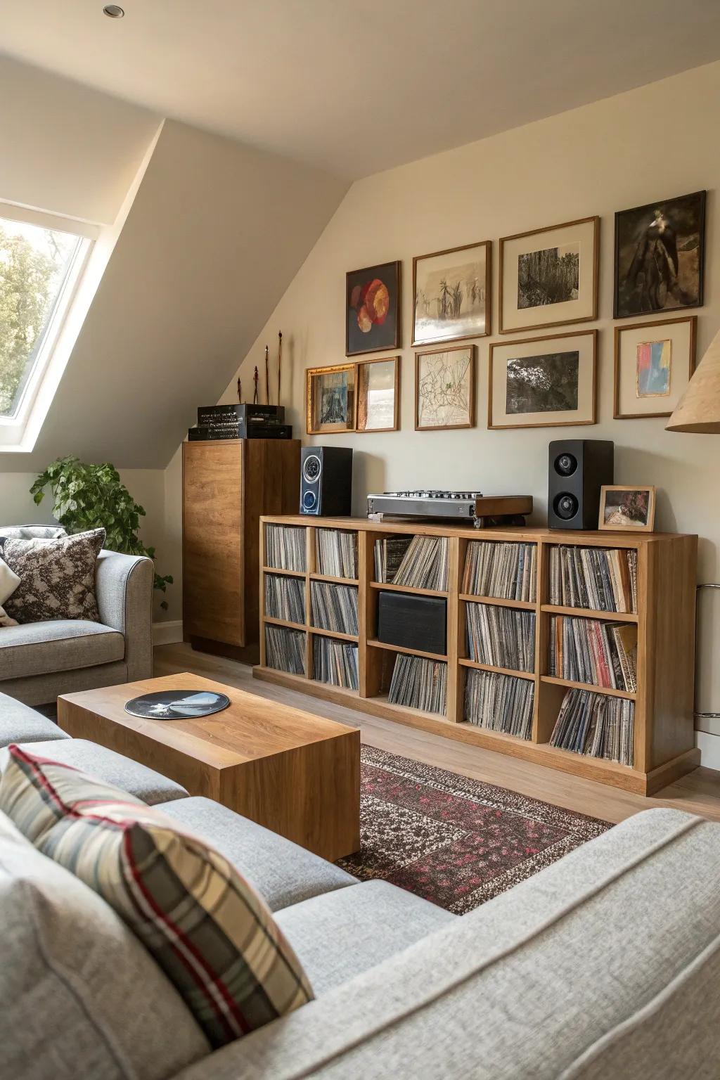 Album storage seamlessly integrated into a living room arrangement.