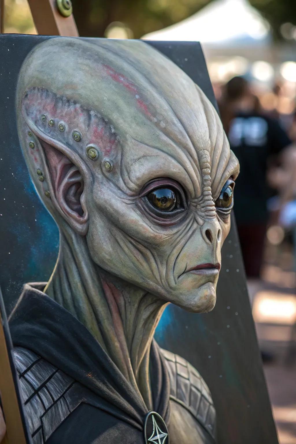 A detailed close-up that brings the alien's features into mesmerizing focus.