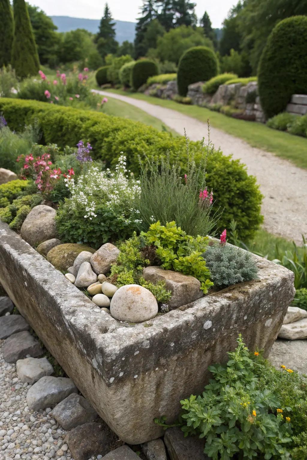 A miniature mountain landscape in an attractive boulder trough.