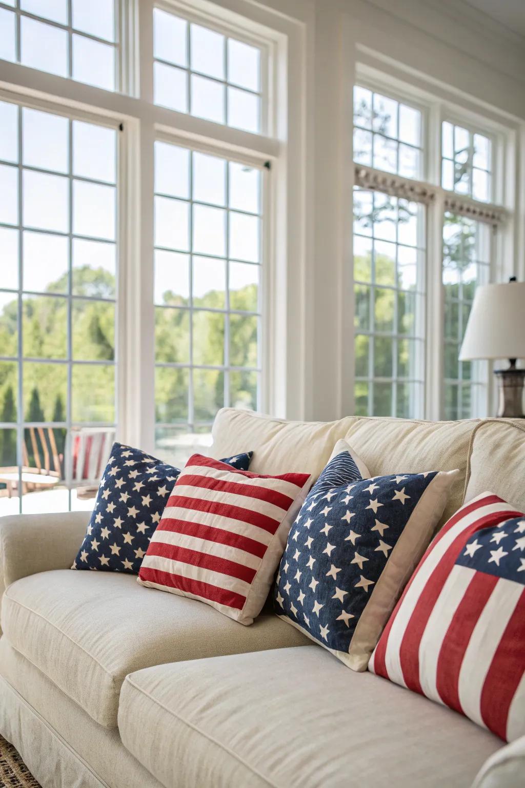 Flag-themed cushions include a burst of patriotism to this lifestyle area.