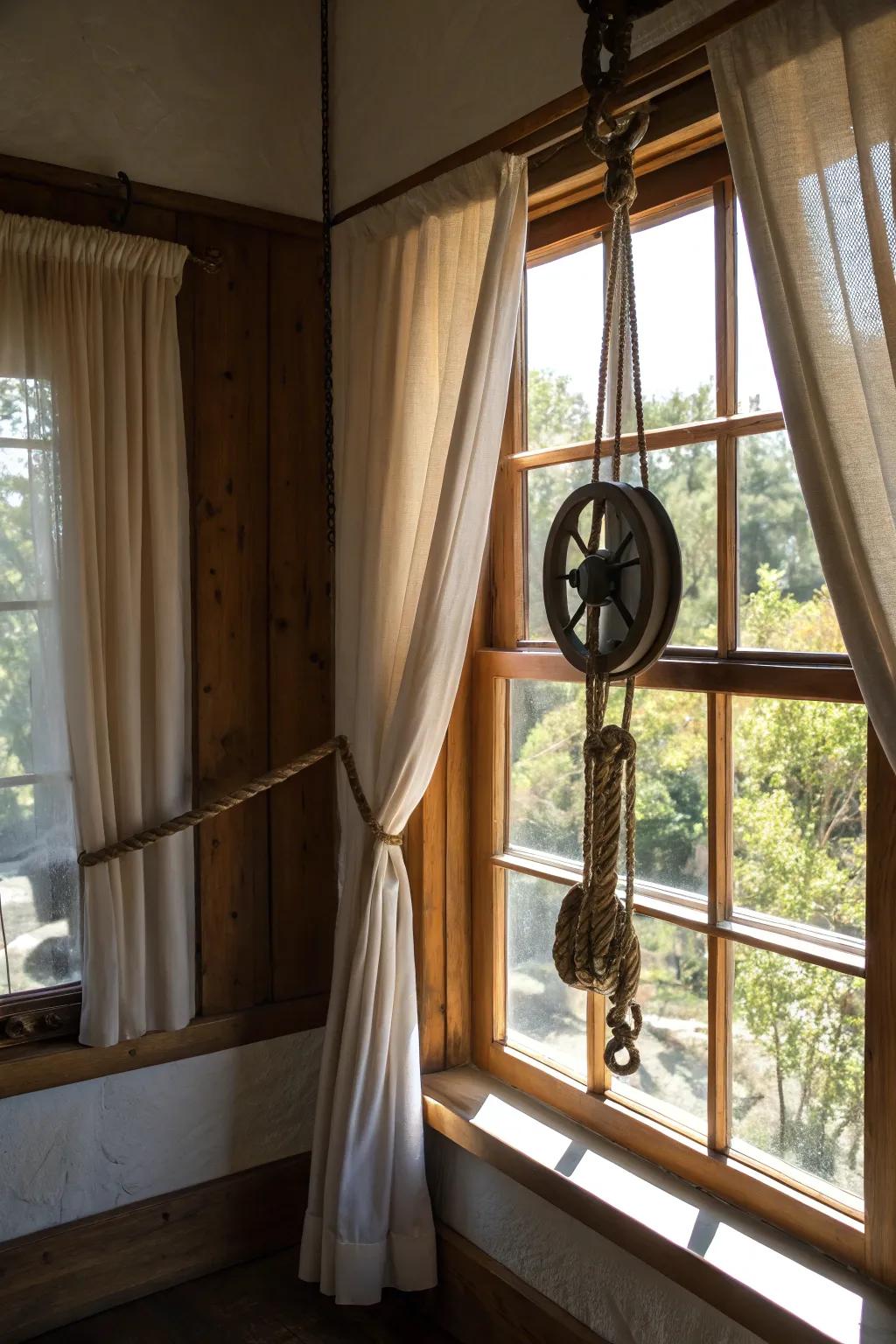 A creative drapery solution employing vintage pulleys.
