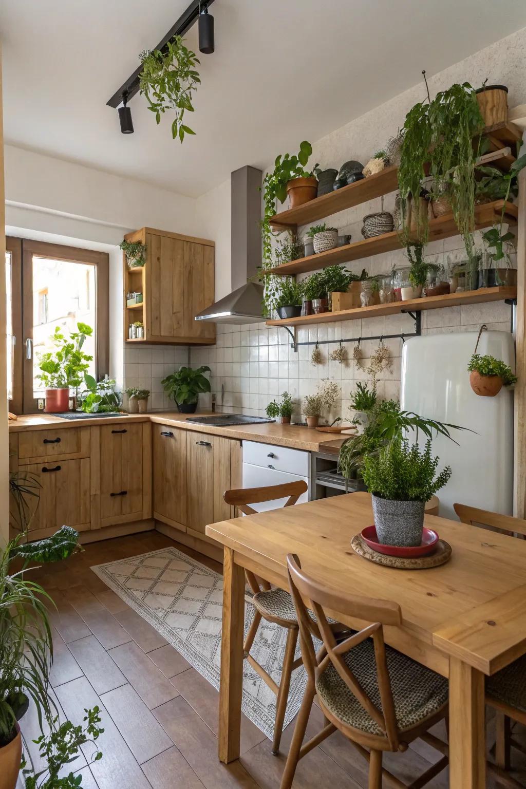 Natural elements breathe life into a compact cooking space.