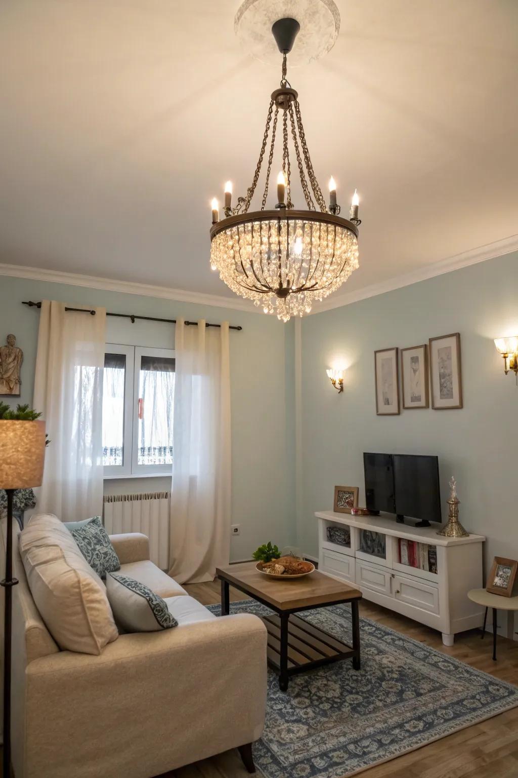 A statement light makes this small living room look amazing.
