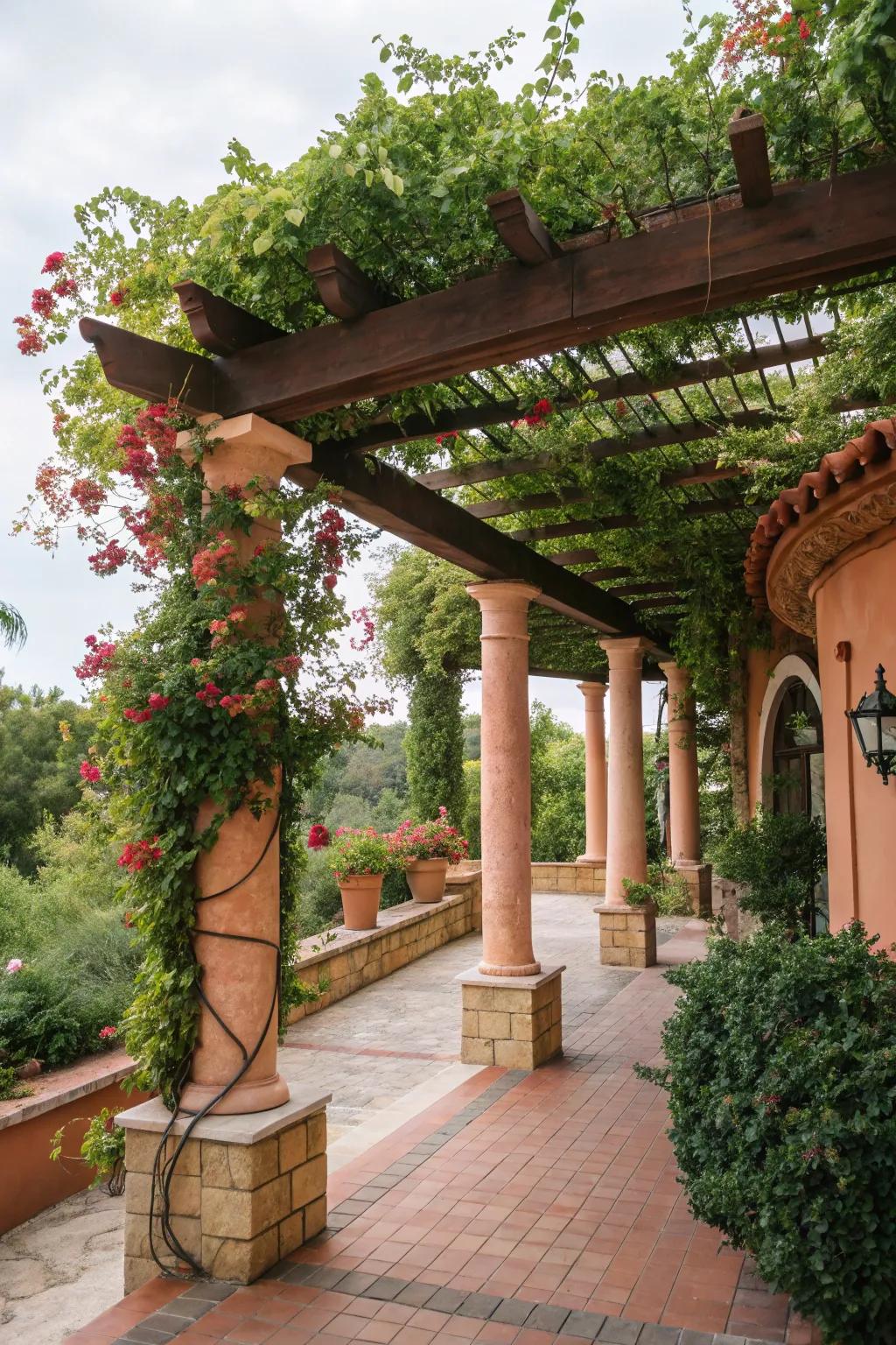A Mediterranean-inspired arbor featuring vibrant greenery and warm accents.