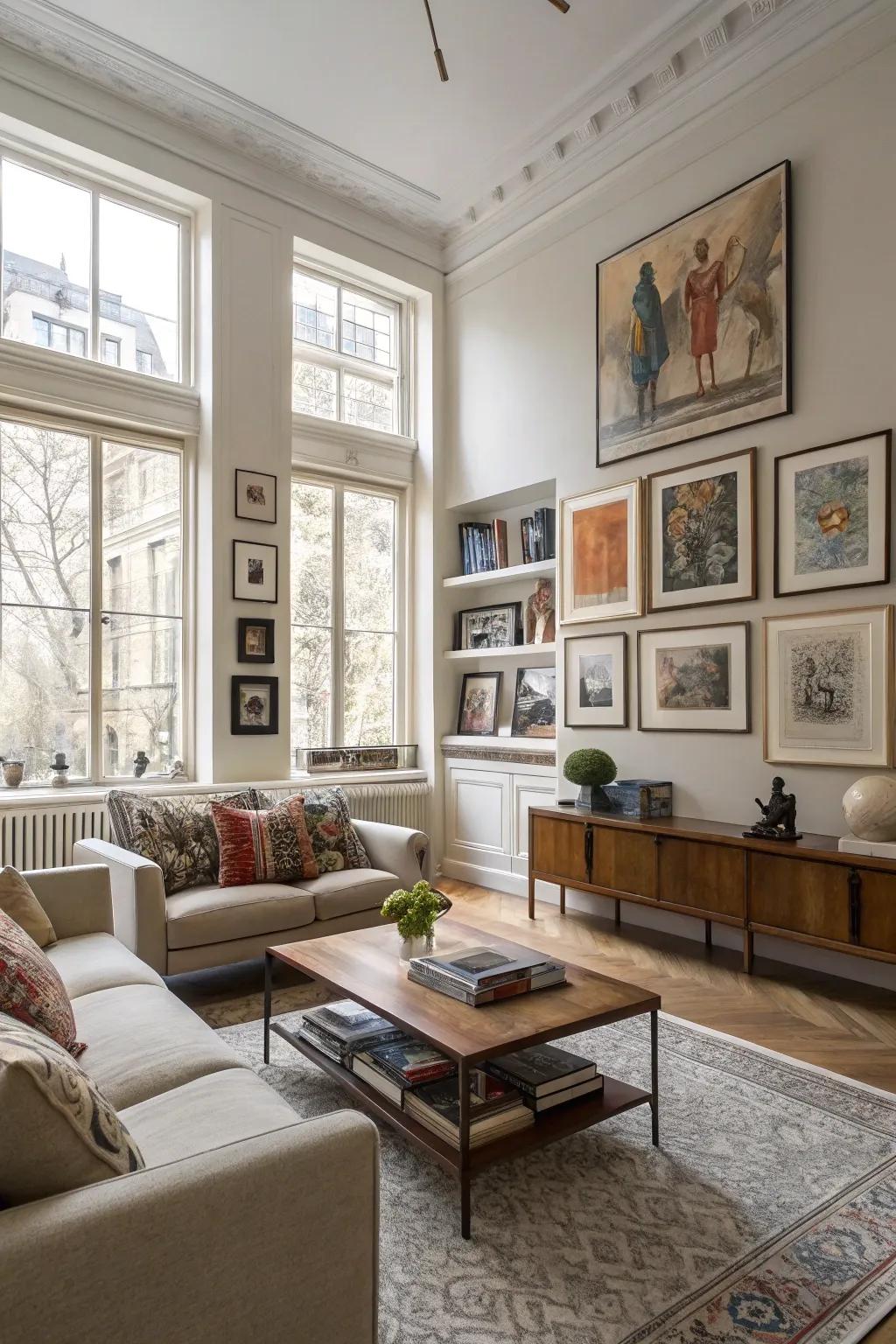 Art prints consolidated into a living room's interior for a unified manifestation.