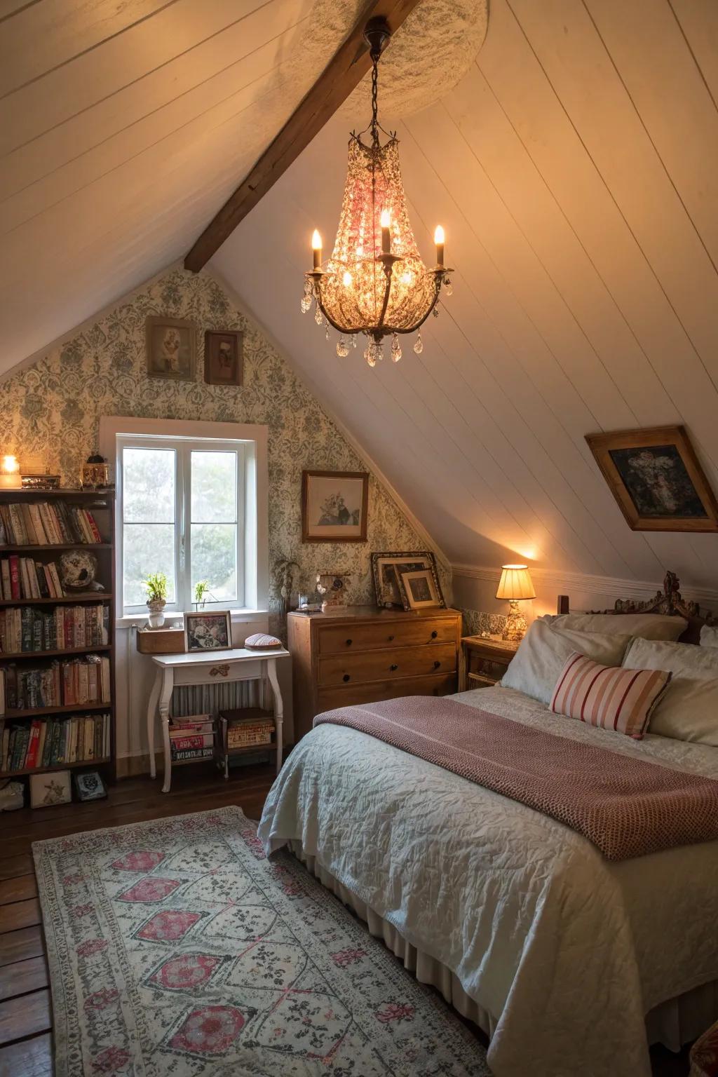 Warm lighting sets a cozy and inviting tone in your attic bedroom.