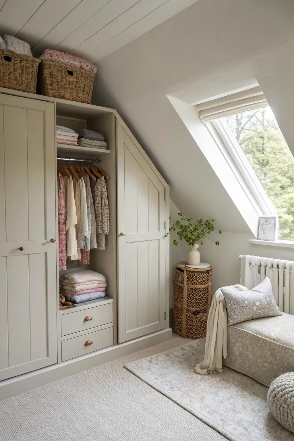 Light colors visually expand an attic closet.