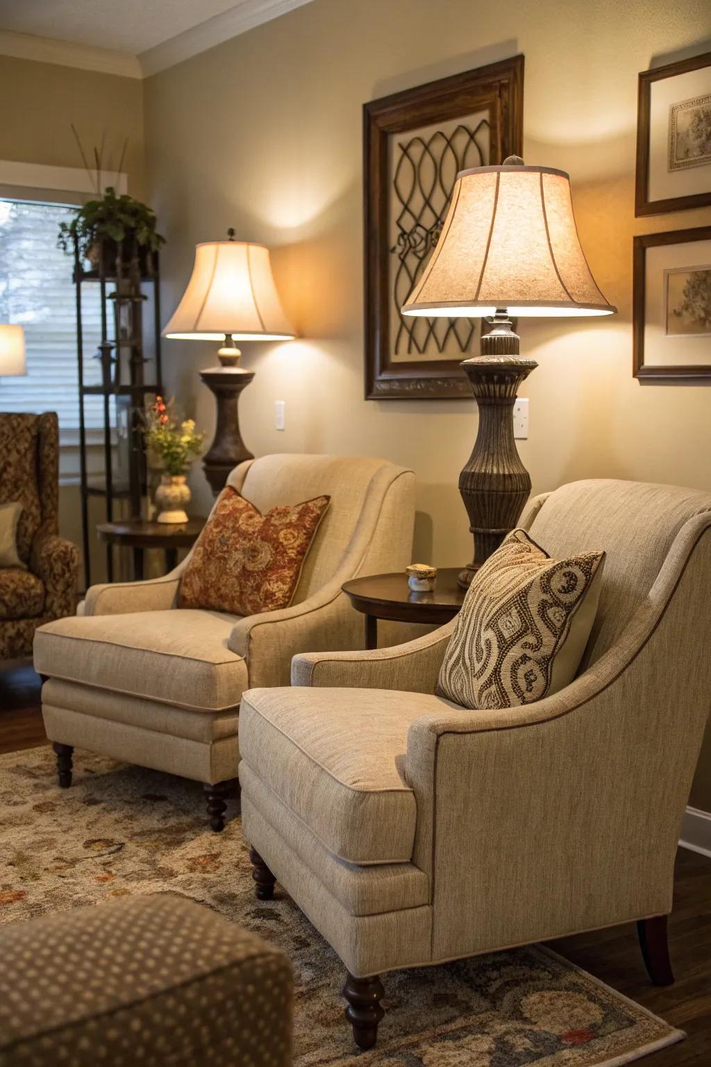 Accent chairs and lamps enhance balance and functionality.