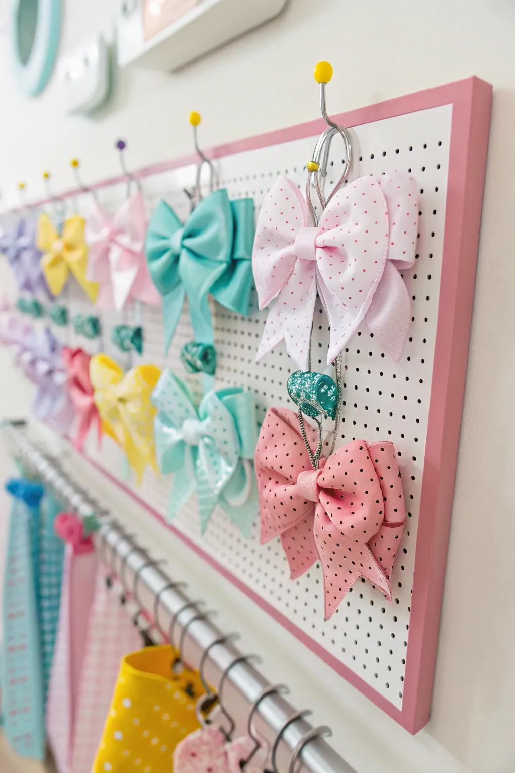 A playful and practical pegboard designed for baby bow storage.