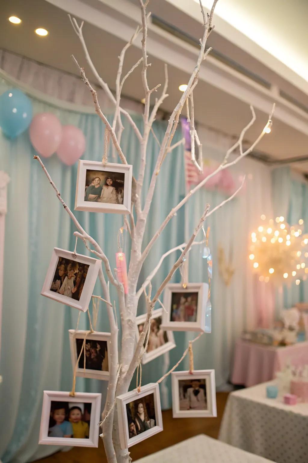 A photographic reflection tree showcasing suspended images of the expectant couple.