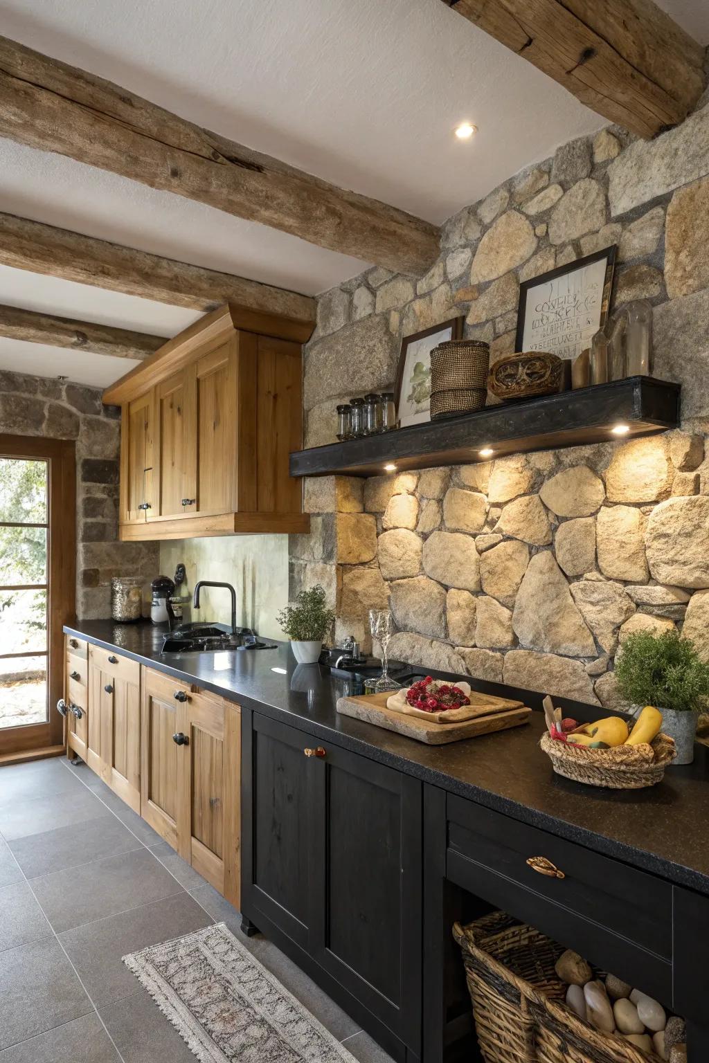 Organic stone splashbacks add country allure and warmth.