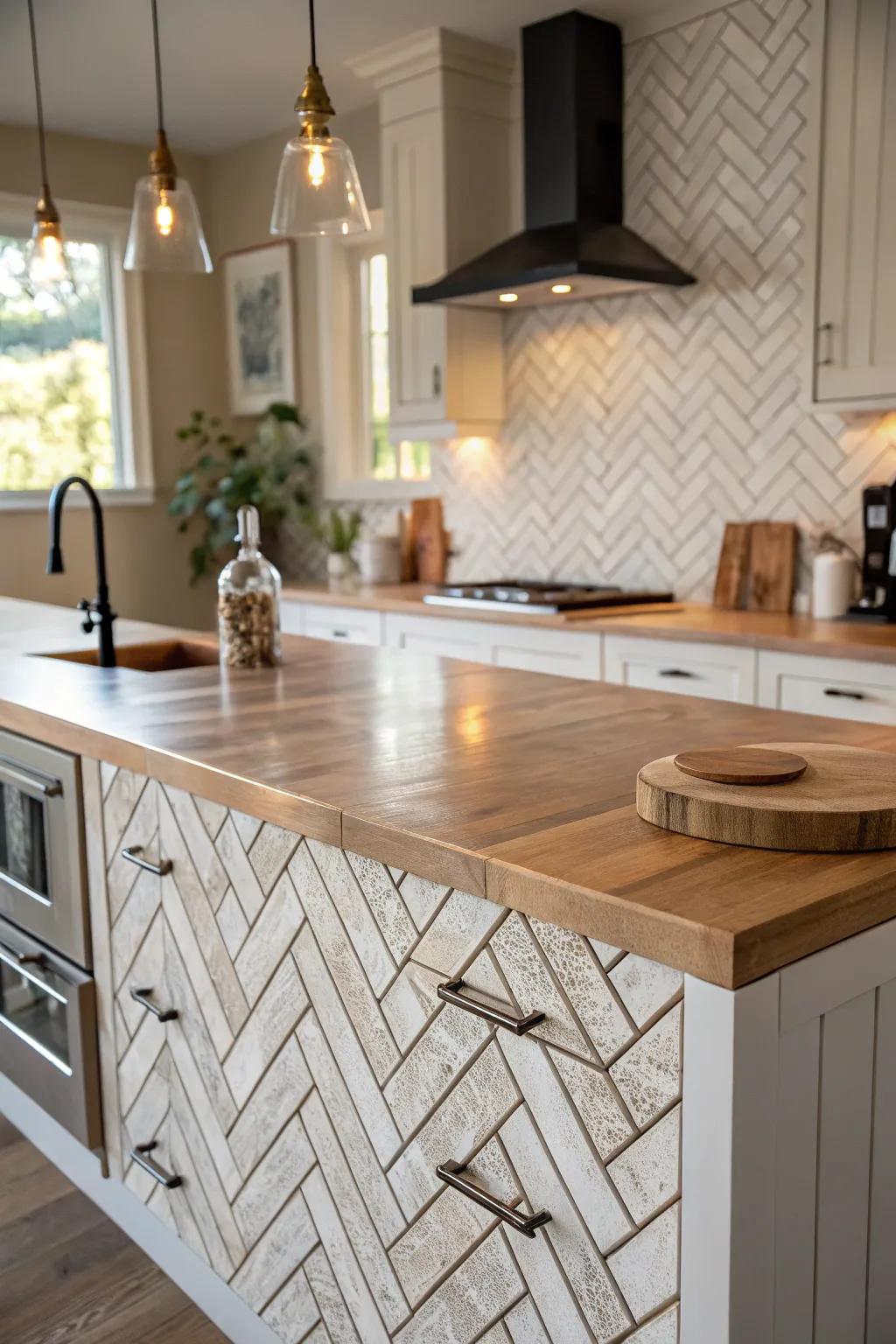 Sophisticated herringbone arrangement for a stylish cooking area.