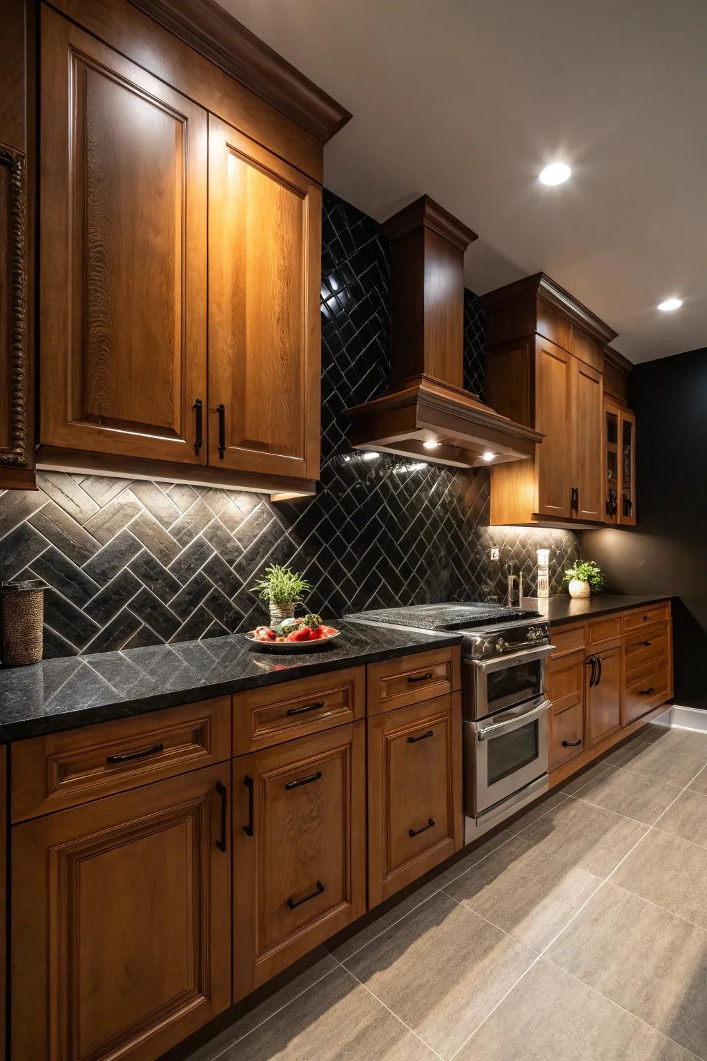 A high-compare backing makes a dramatic effect with maple cabinets.
