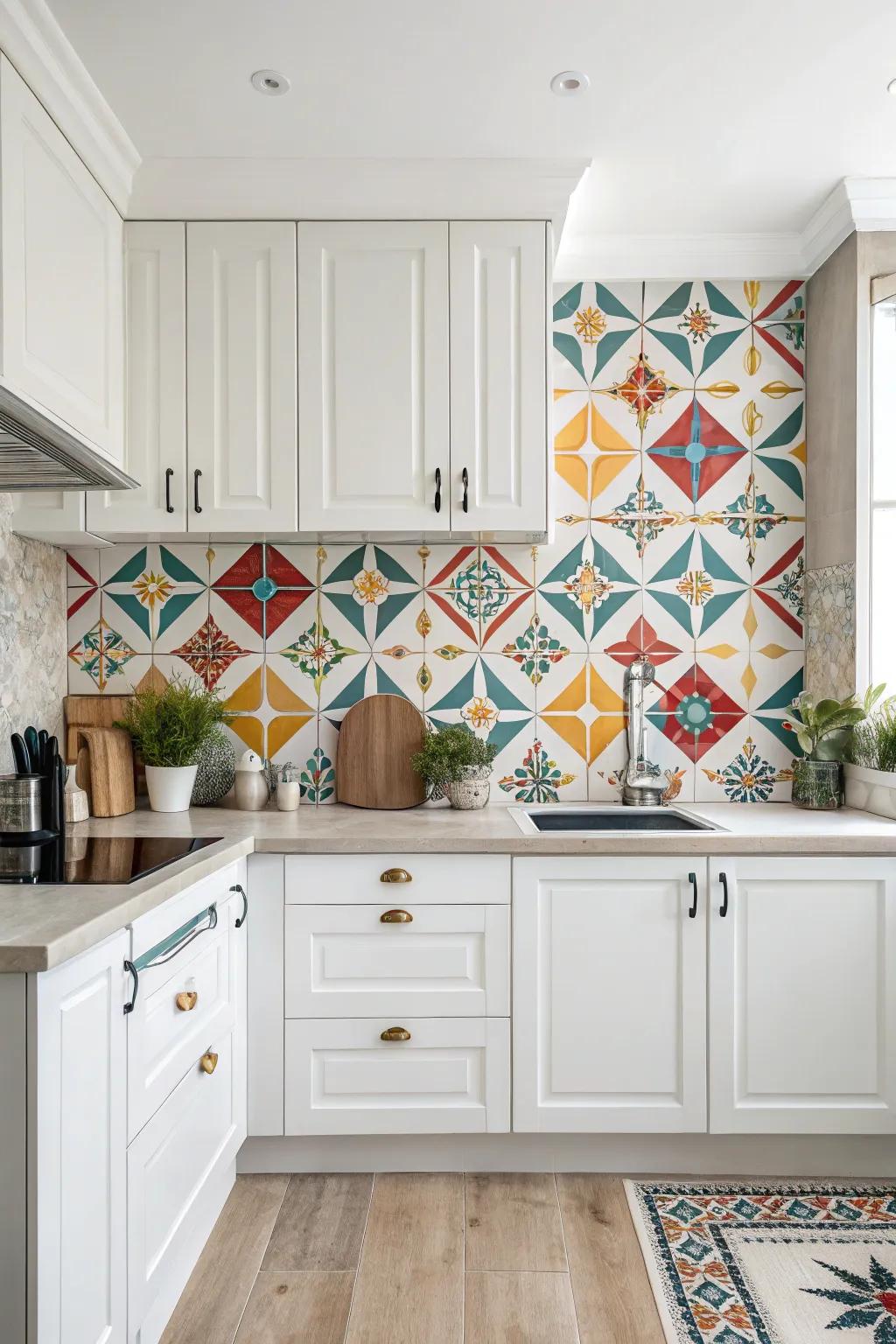 Geometric tiles add a modern touch to this elegant white kitchen.