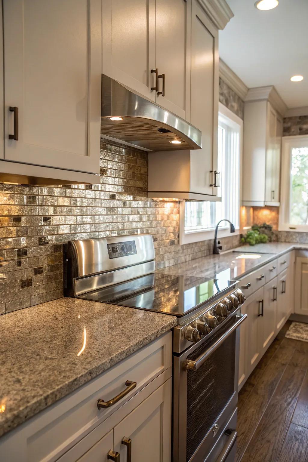 Metallic tiles add a touch of luxury to fantasy brown granite.