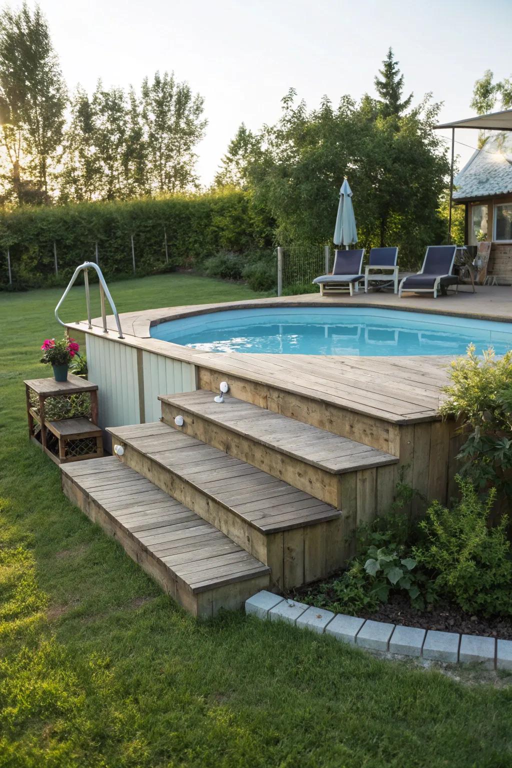 Expansive steps deliver effortless access and contribute elegance to pool entry.