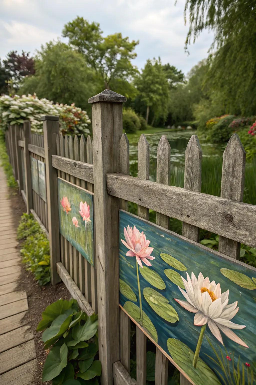 Water lilies painted on a fence evoke a sensation of calm and serenity.