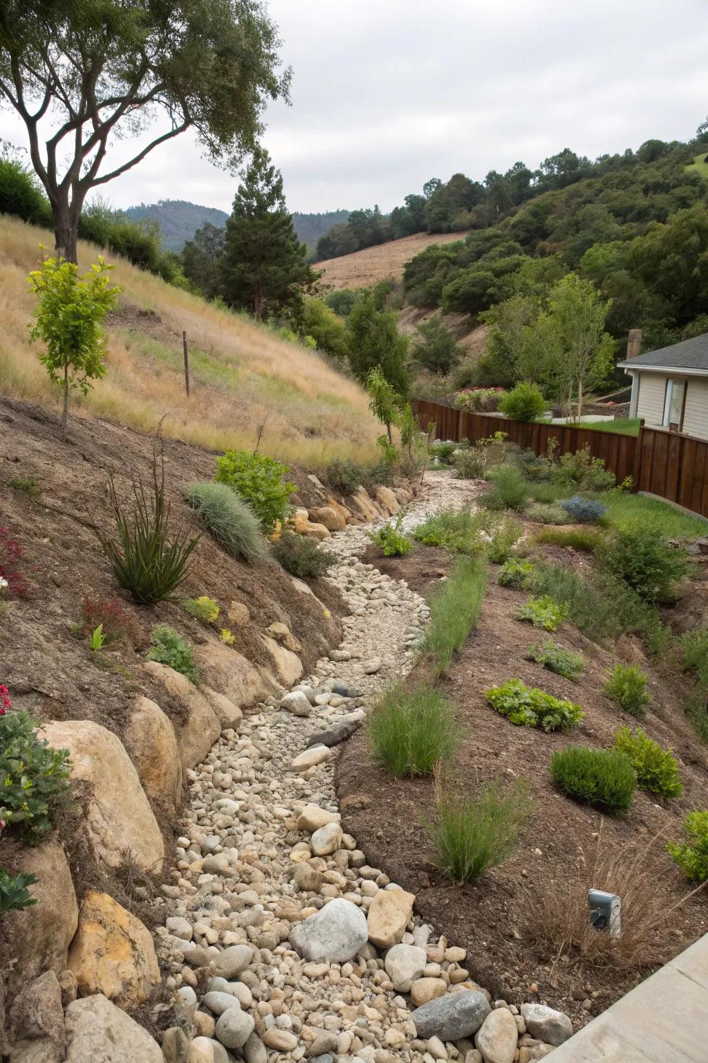 Dry streambeds offer a useful and attractive drainage solution.