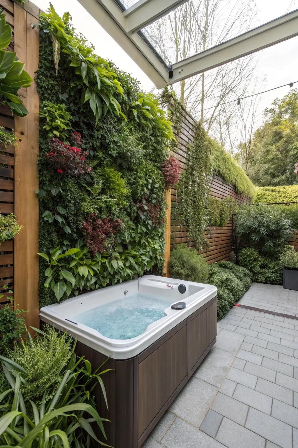 An upright garden offers a rich, green privacy solution for your hot tub area.