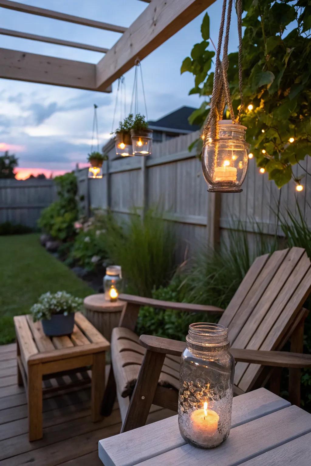 DIY canning jar lanterns offer a soft, romantic glow.