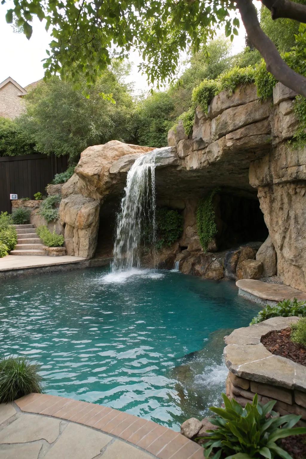 A concealed cave cascade enriches your pool with mystery and allure.