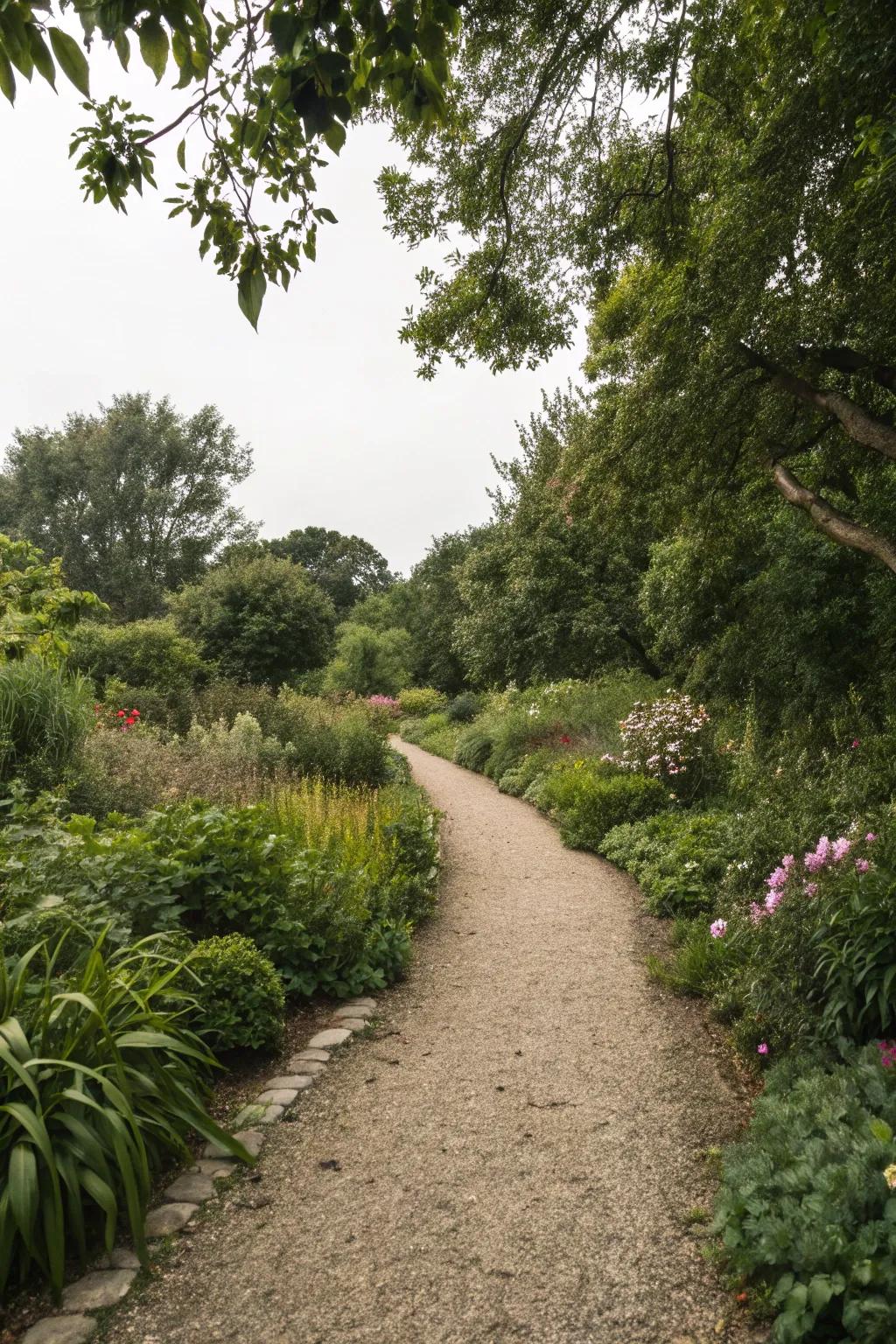 A textured gravel path winding through a garden with natural elements.