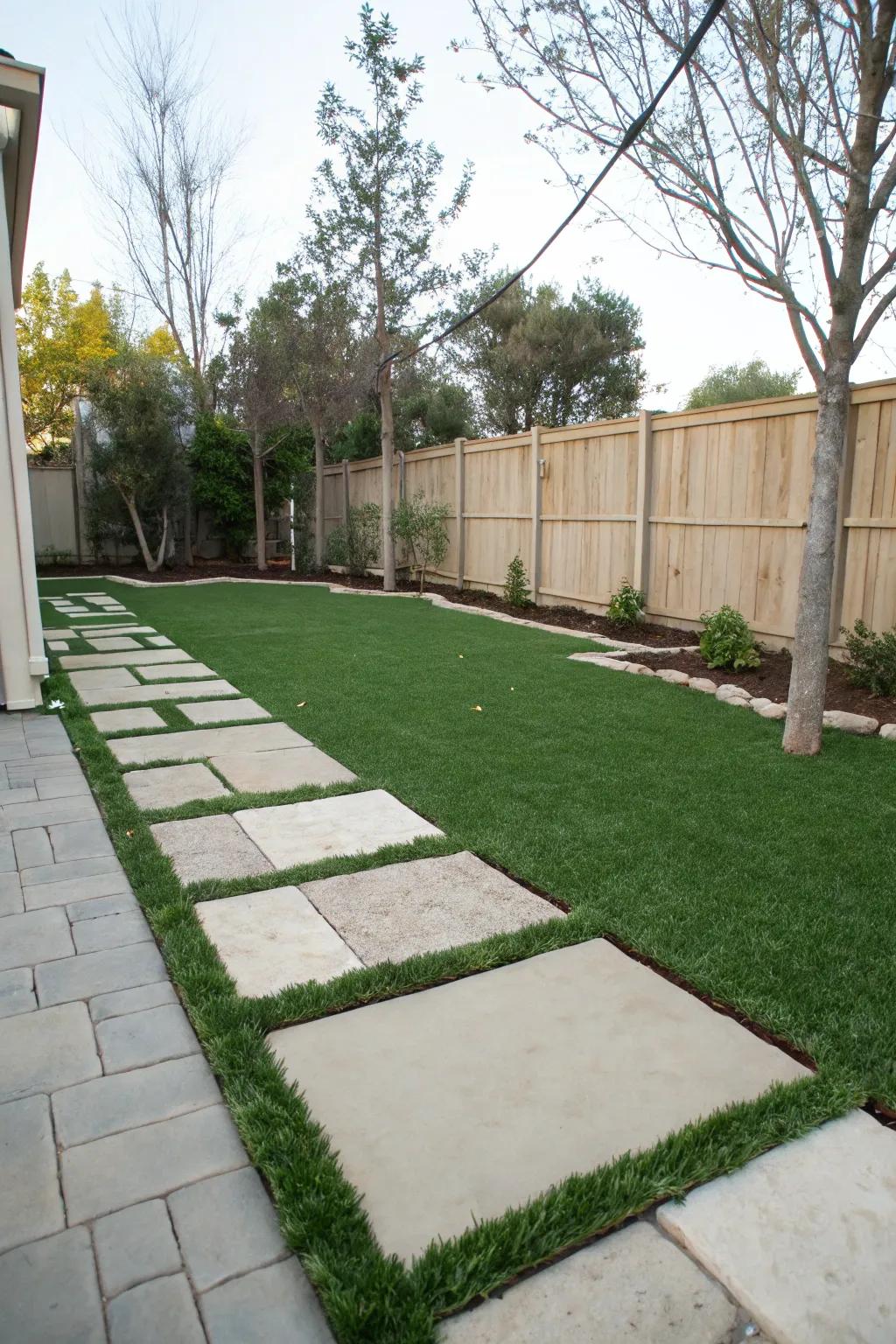 Contemporary pavers complemented by lush turf in between.