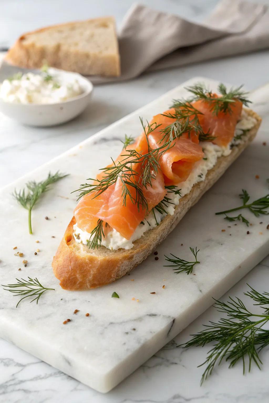 Luxurious cured salmon and cream cheese on a crisp baguette.