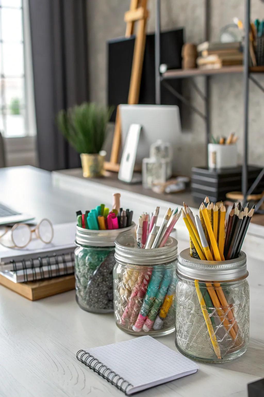 Chic desk organizers crafted from ball jars for an elegant touch.