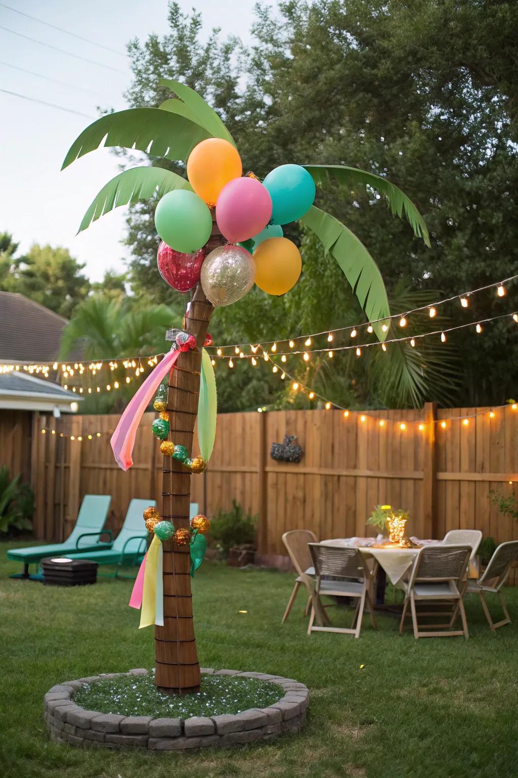 Balloon palm trees create a tropical atmosphere.