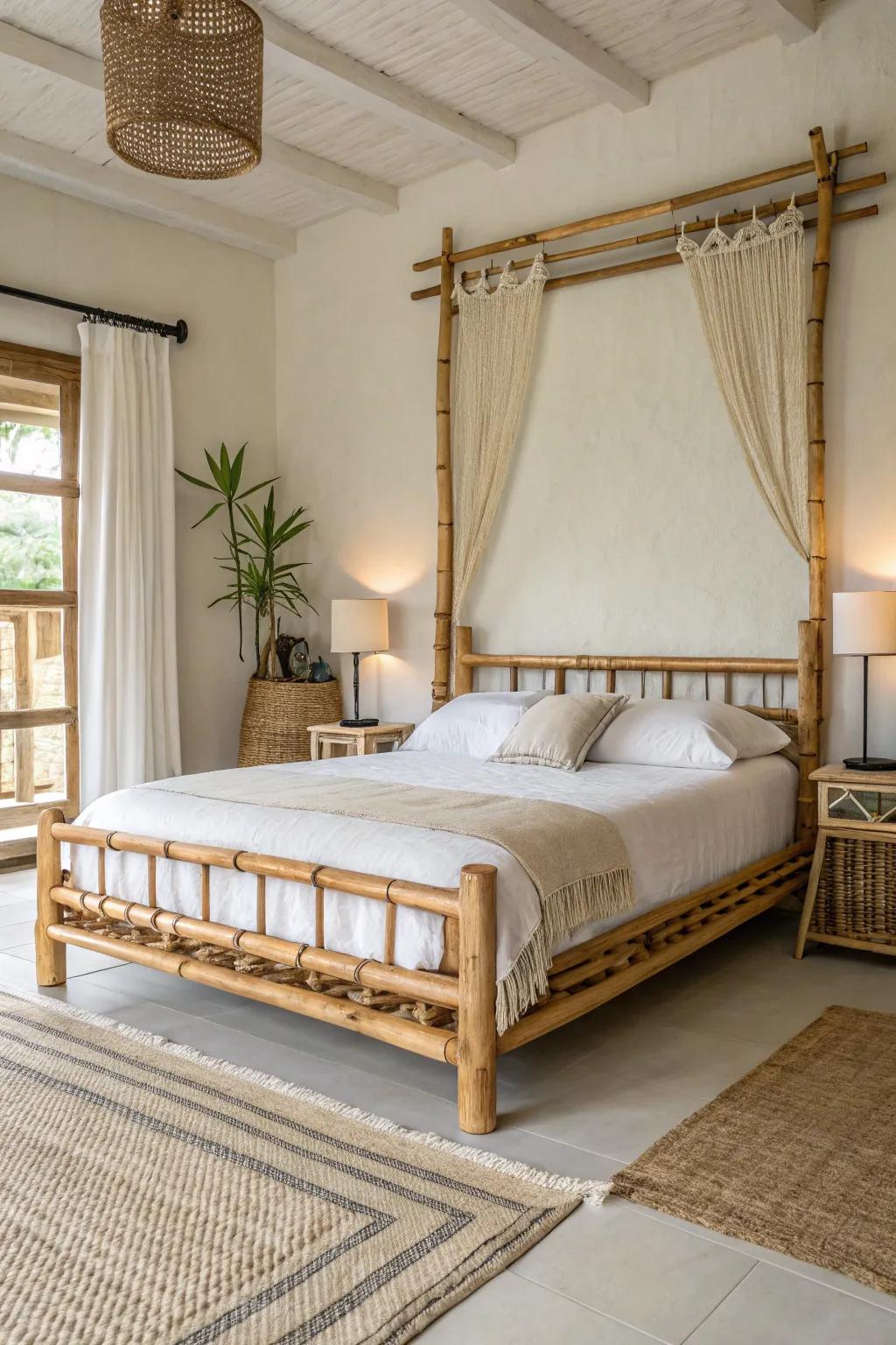 A bamboo sleep platform in a serene bedroom setting