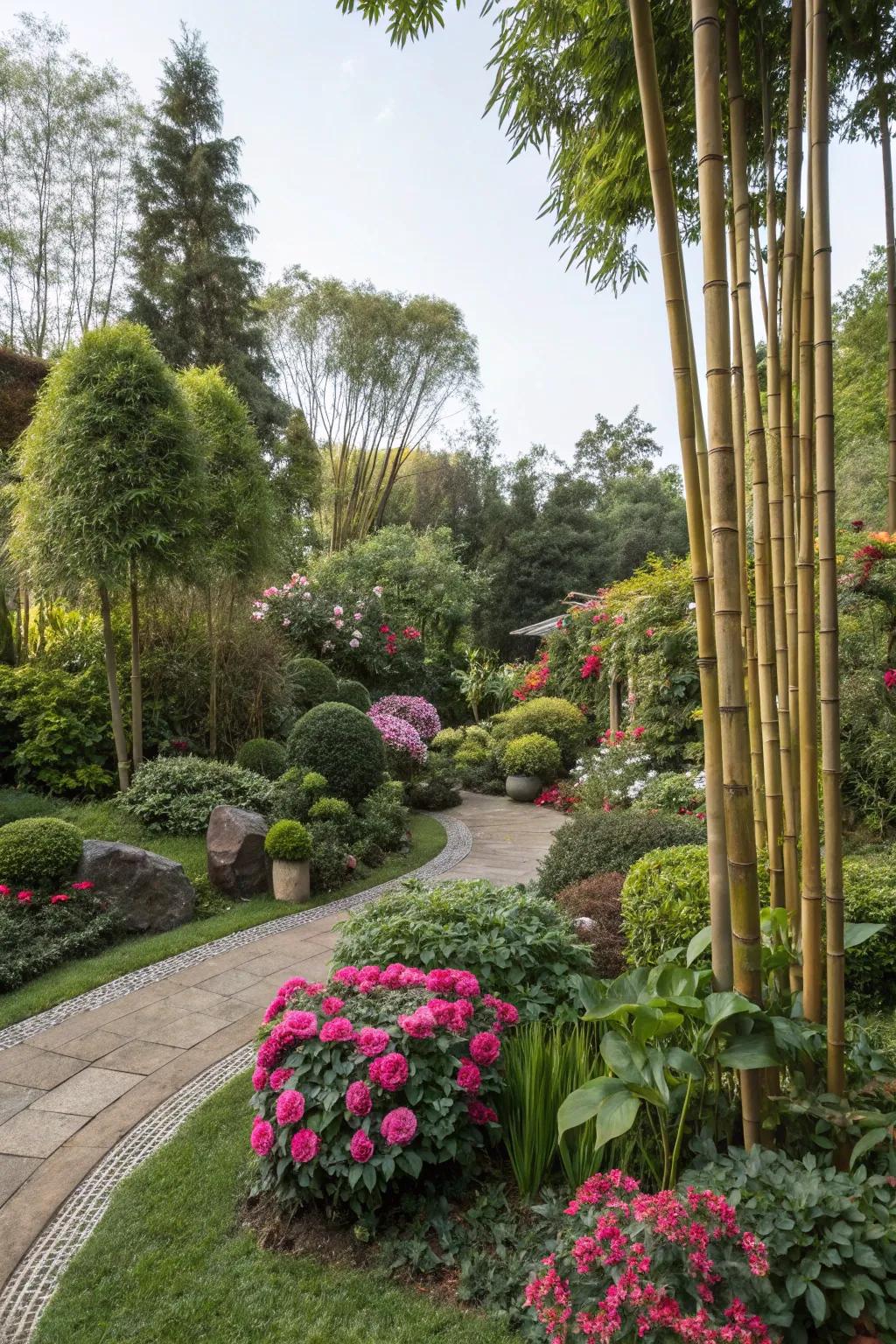 Reeds serve as beautiful features in a diverse garden.