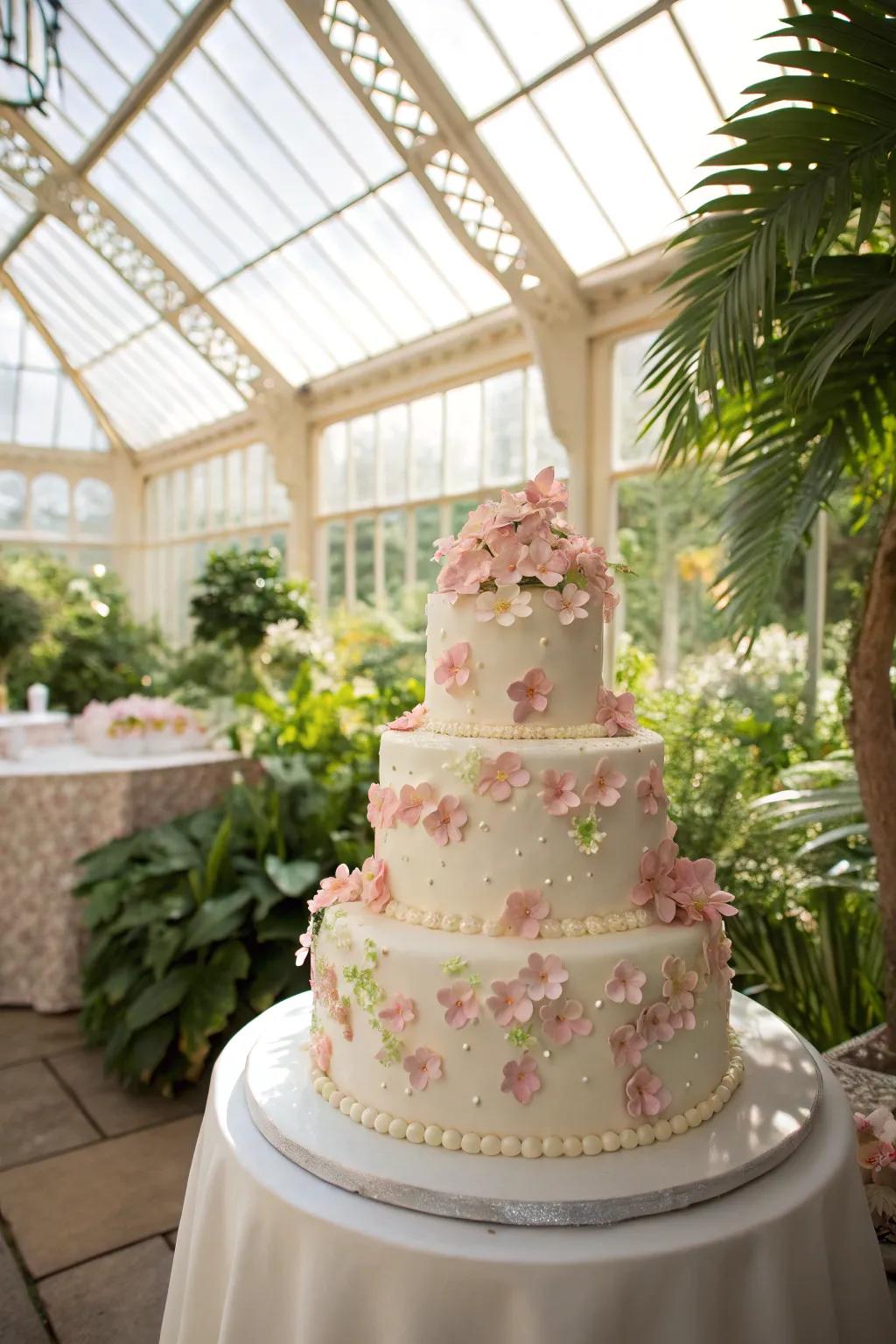 A cake adorned with confection blossoms, evoking a garden-like ambiance.