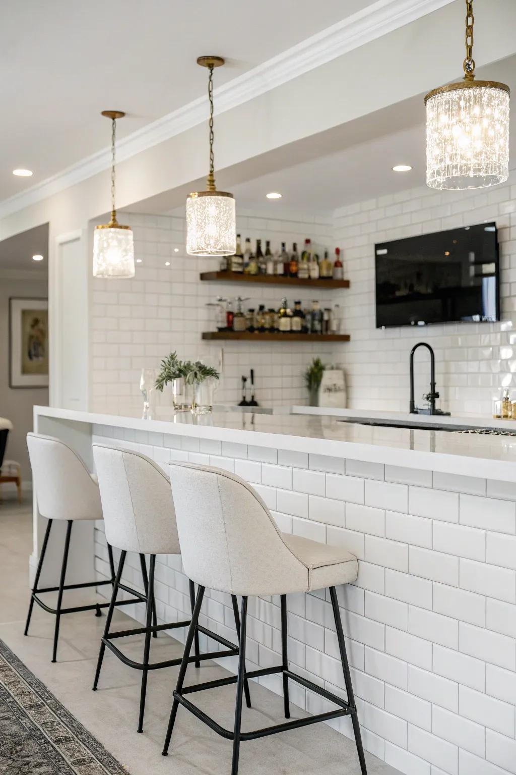 A minimalist home bar with an ivory tile backsplash and modern decor.
